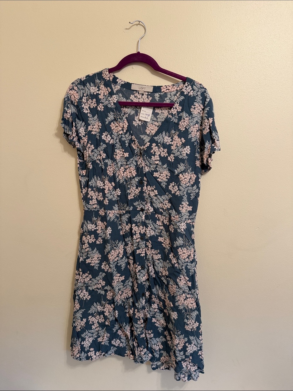LOFT Teal Floral Dress with Pink Blossoms